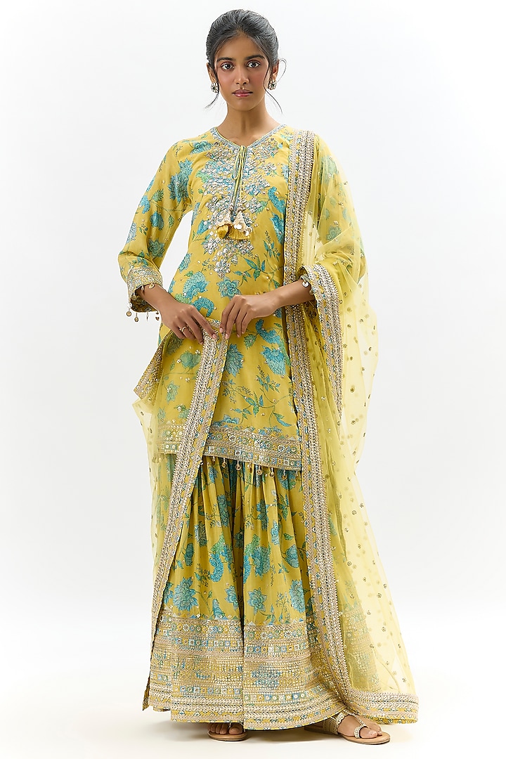 Yellow Cotton Silk Embroidered & Floral Printed Wedding Sharara Set by GOPI VAID at Pernia's Pop Up Shop