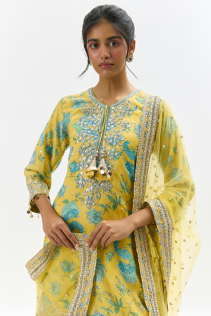 Yellow Cotton Silk Embroidered & Floral Printed Wedding Sharara Set by GOPI VAID at Pernia's Pop Up Shop
