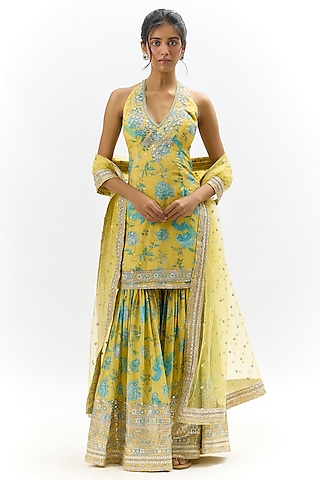 Yellow Cotton Silk Embroidered & Floral Printed Sharara Set by GOPI VAID