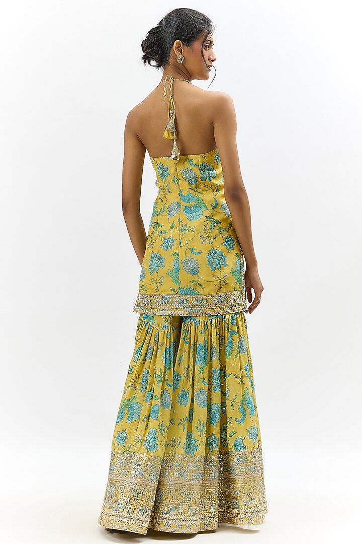Yellow Cotton Silk Embroidered & Floral Printed Wedding Sharara Set by GOPI VAID at Pernia's Pop Up Shop