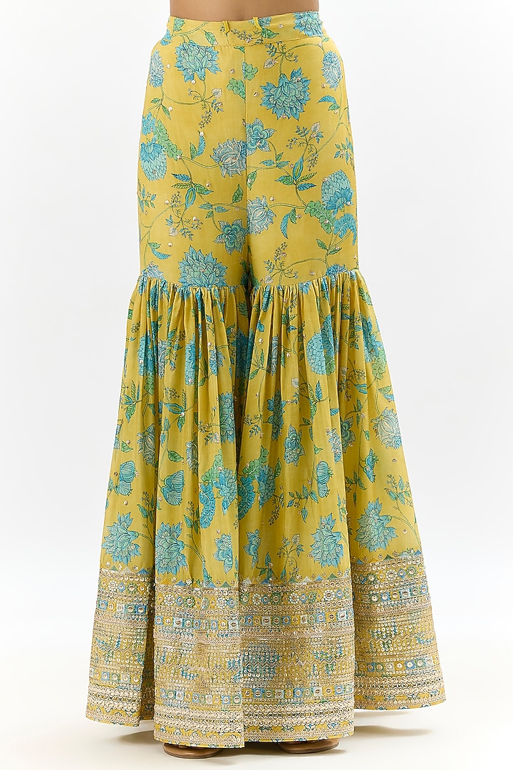 Yellow Cotton Silk Embroidered & Floral Printed Wedding Sharara Set by GOPI VAID at Pernia's Pop Up Shop