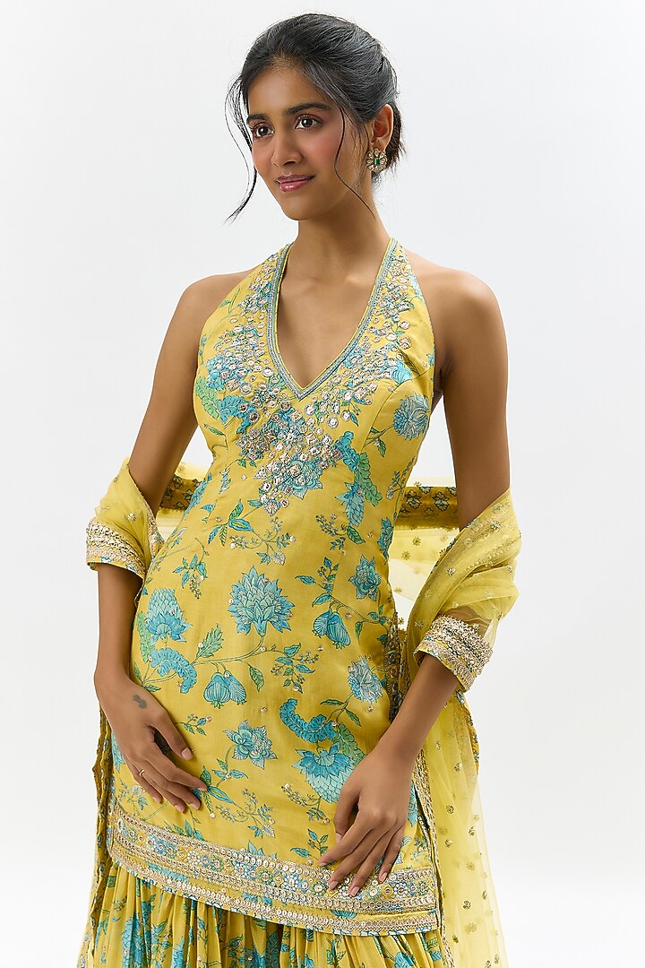 Yellow Cotton Silk Embroidered & Floral Printed Wedding Sharara Set by GOPI VAID at Pernia's Pop Up Shop