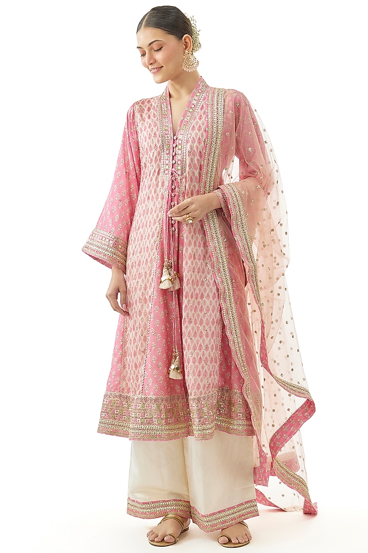 Pink Cotton Silk Floral Printed Front-Open Kurta Set by GOPI VAID at Pernia's Pop Up Shop