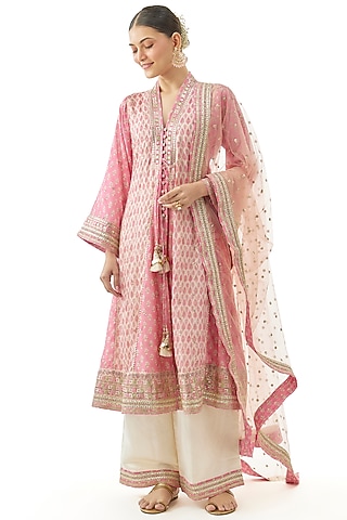 Pink Cotton Silk Floral Printed Front-Open Kurta Set by GOPI VAID