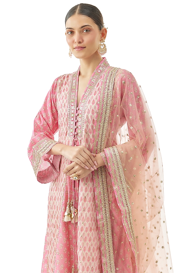 Pink Cotton Silk Floral Printed Front-Open Kurta Set by GOPI VAID at Pernia's Pop Up Shop