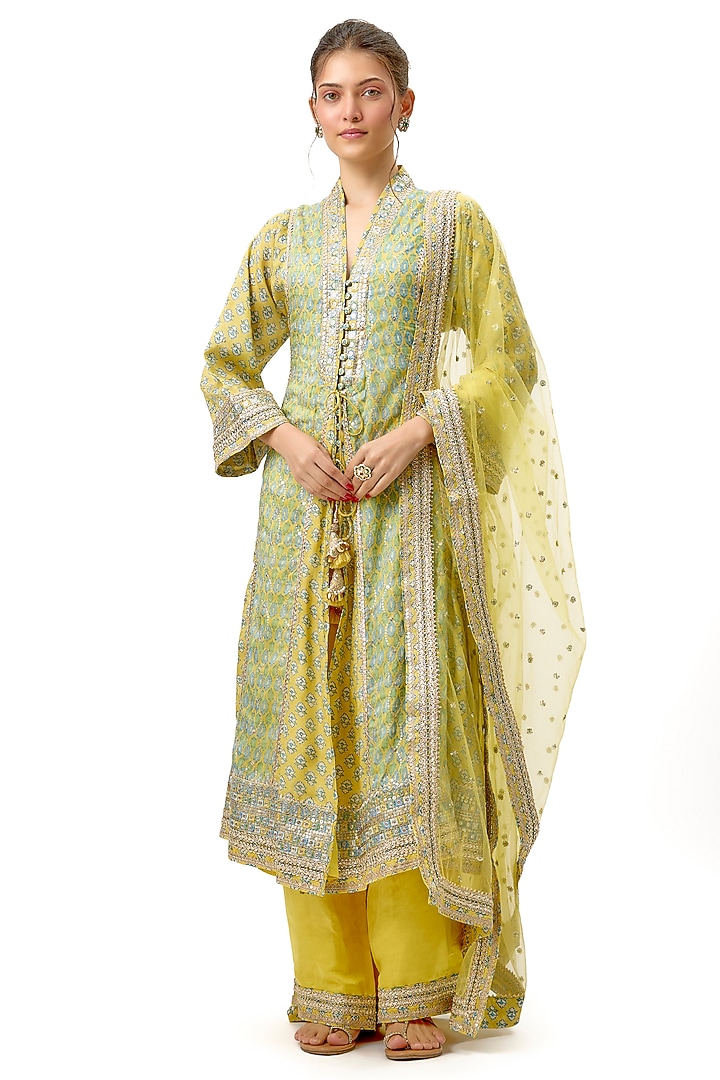 Yellow Cotton Silk Zari & Sequin Embroidered Kurta Set by Gopi Vaid at Pernia's Pop Up Shop