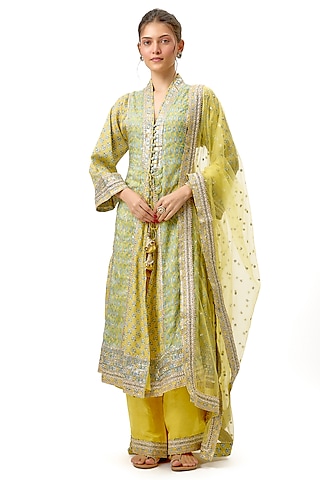 Yellow Cotton Silk Zari & Sequin Embroidered Kurta Set by Gopi Vaid