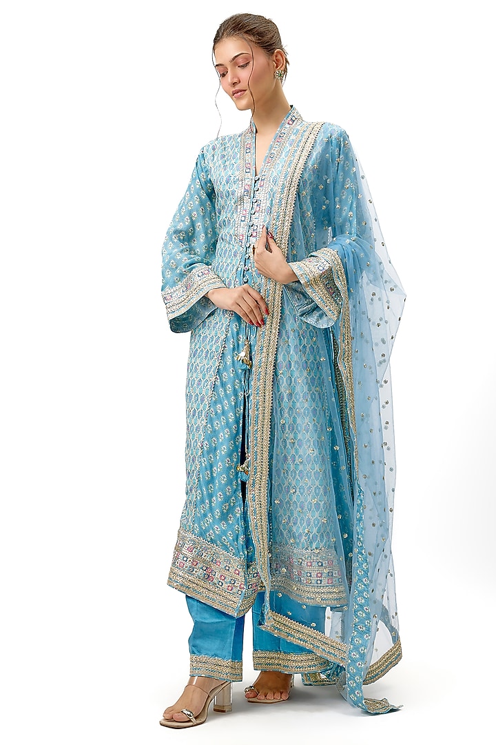 Blue Cotton Silk Zari & Sequin Embroidered Kurta Set by Gopi Vaid at Pernia's Pop Up Shop