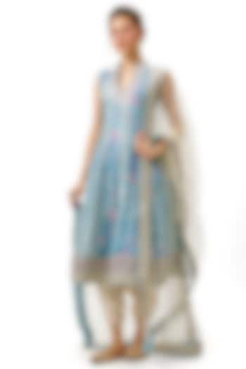 Blue Cotton Silk Floral & Zari Embroidered Asymmetric Kurta Set by Gopi Vaid at Pernia's Pop Up Shop