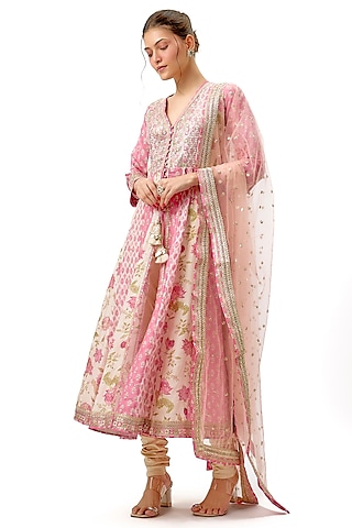 Pink Cotton Silk Motif Hand Embroidered Anarkali Set by Gopi Vaid