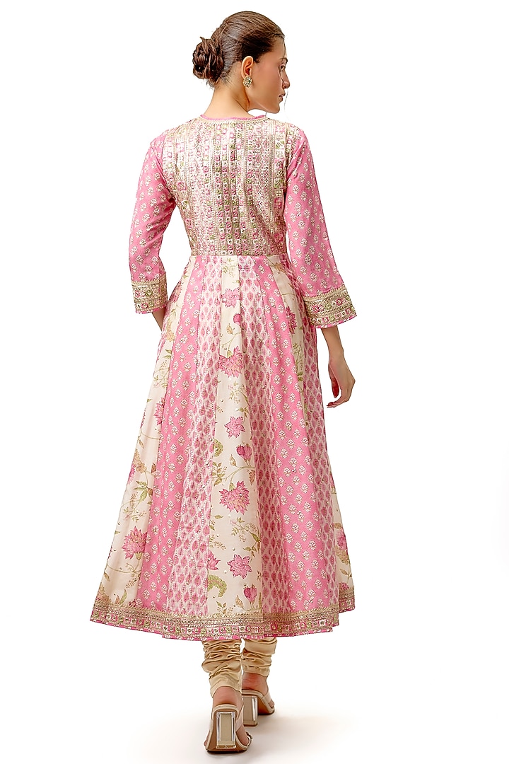 Pink Cotton Silk Motif Hand Embroidered Wedding Anarkali Set by Gopi Vaid at Pernia's Pop Up Shop