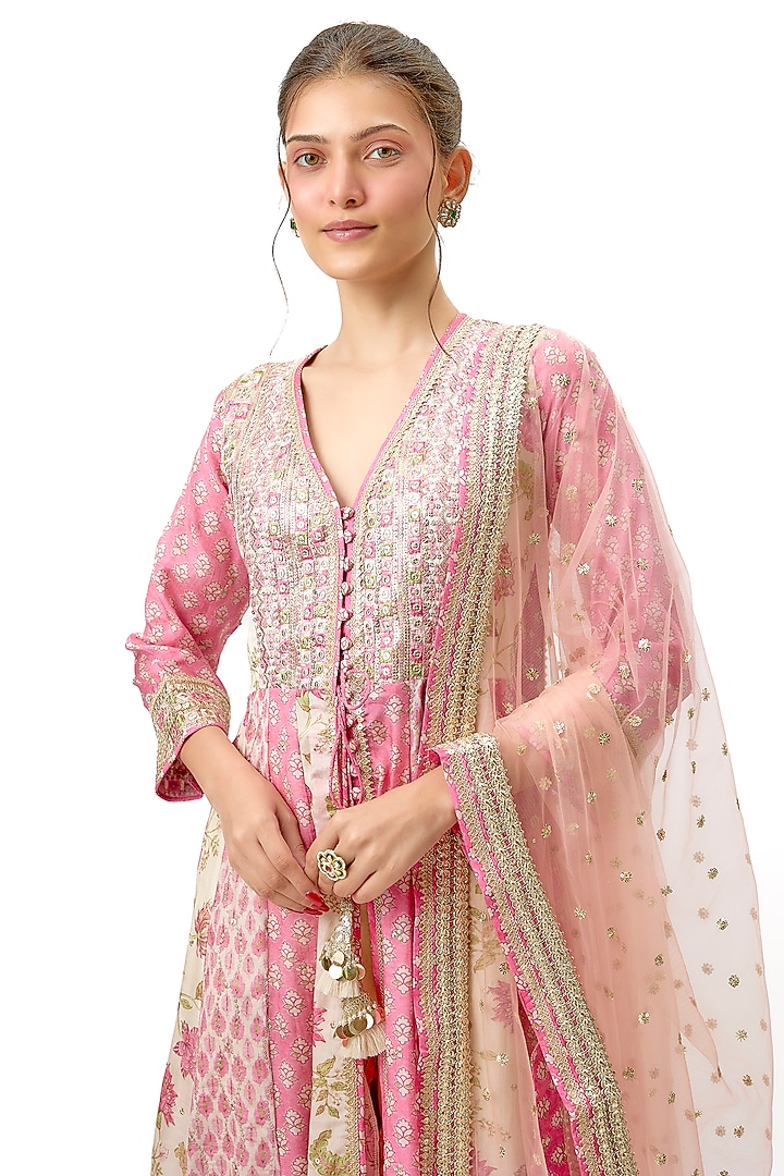 Pink Cotton Silk Motif Hand Embroidered Wedding Anarkali Set by Gopi Vaid at Pernia's Pop Up Shop