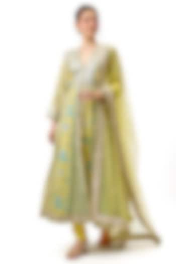 Yellow Cotton Silk Motif Hand Embroidered Wedding Anarkali Set by Gopi Vaid at Pernia's Pop Up Shop