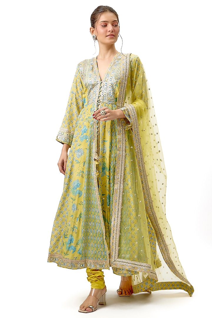 Yellow Cotton Silk Motif Hand Embroidered Wedding Anarkali Set by Gopi Vaid at Pernia's Pop Up Shop