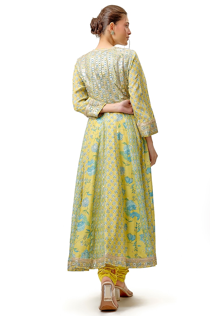 Yellow Cotton Silk Motif Hand Embroidered Wedding Anarkali Set by Gopi Vaid at Pernia's Pop Up Shop