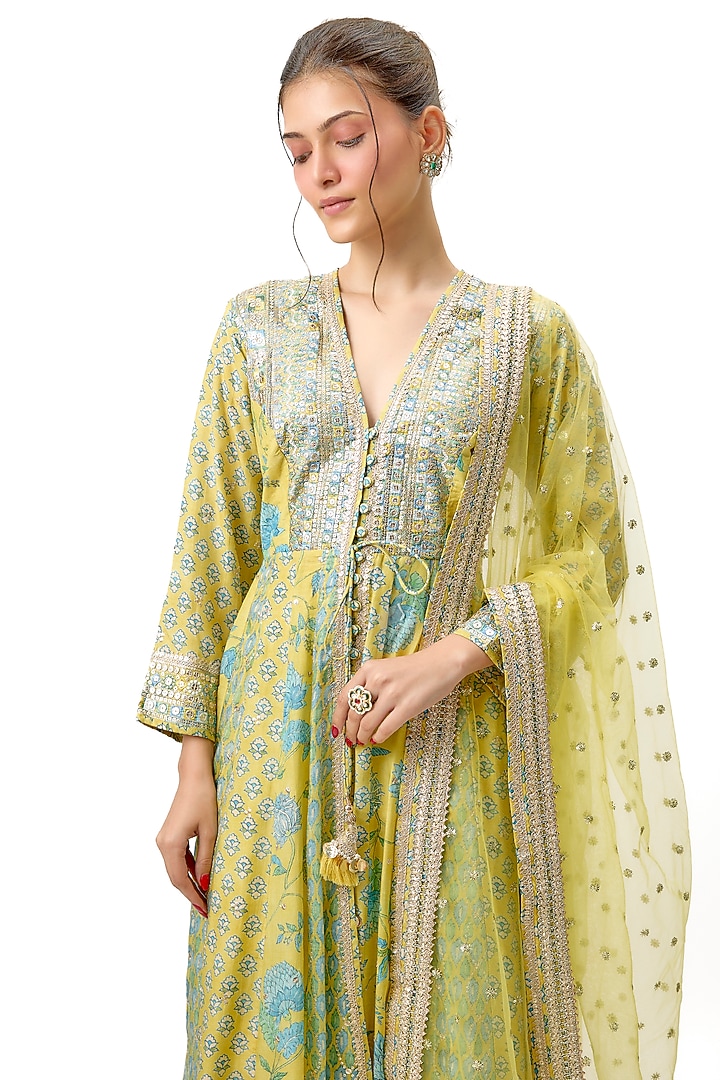 Yellow Cotton Silk Motif Hand Embroidered Wedding Anarkali Set by Gopi Vaid at Pernia's Pop Up Shop