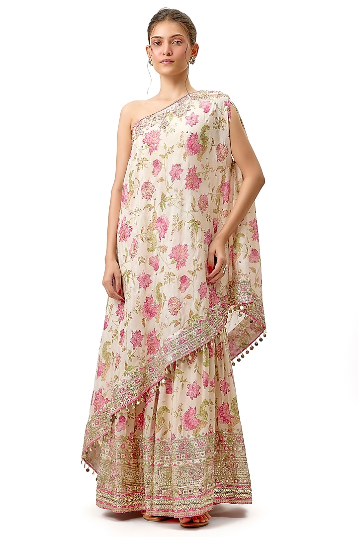 Ivory Cotton Silk Floral Printed & Embroidered Wedding Sharara Set by Gopi Vaid at Pernia's Pop Up Shop