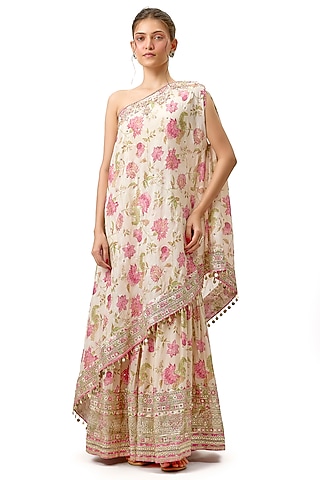 Ivory Cotton Silk Floral Printed & Embroidered Sharara Set by Gopi Vaid