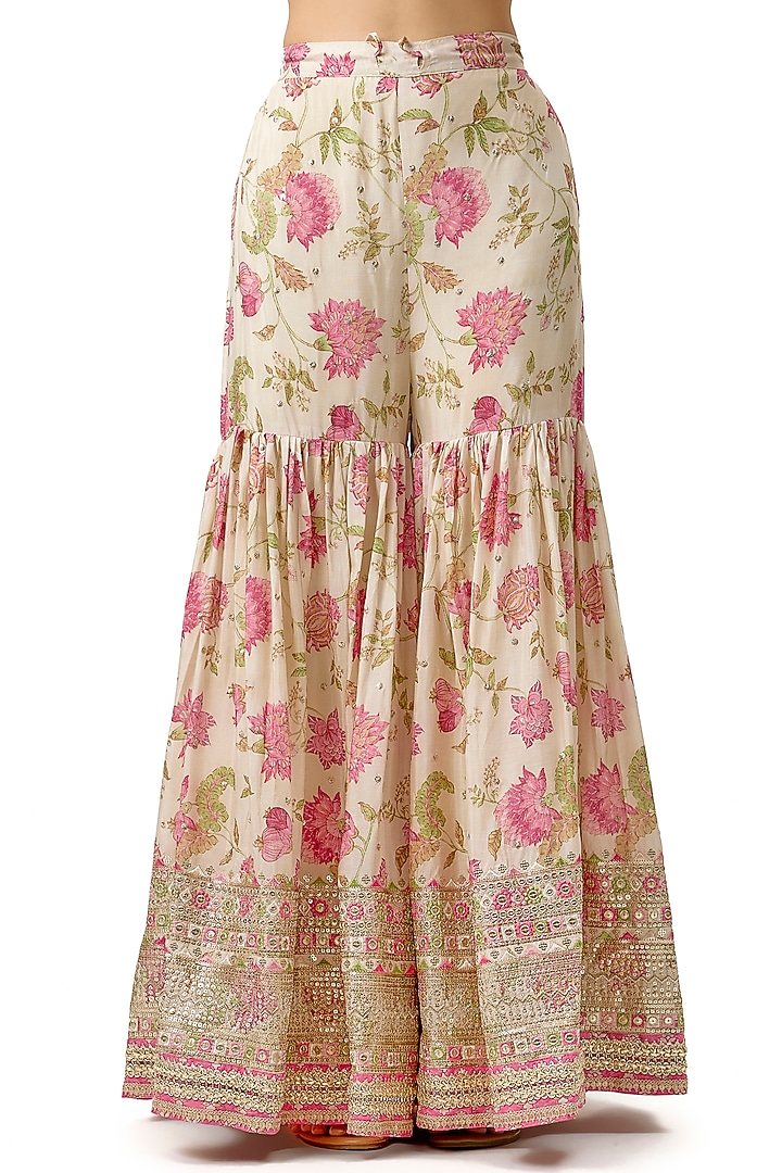 Ivory Cotton Silk Floral Printed & Embroidered Wedding Sharara Set by Gopi Vaid at Pernia's Pop Up Shop