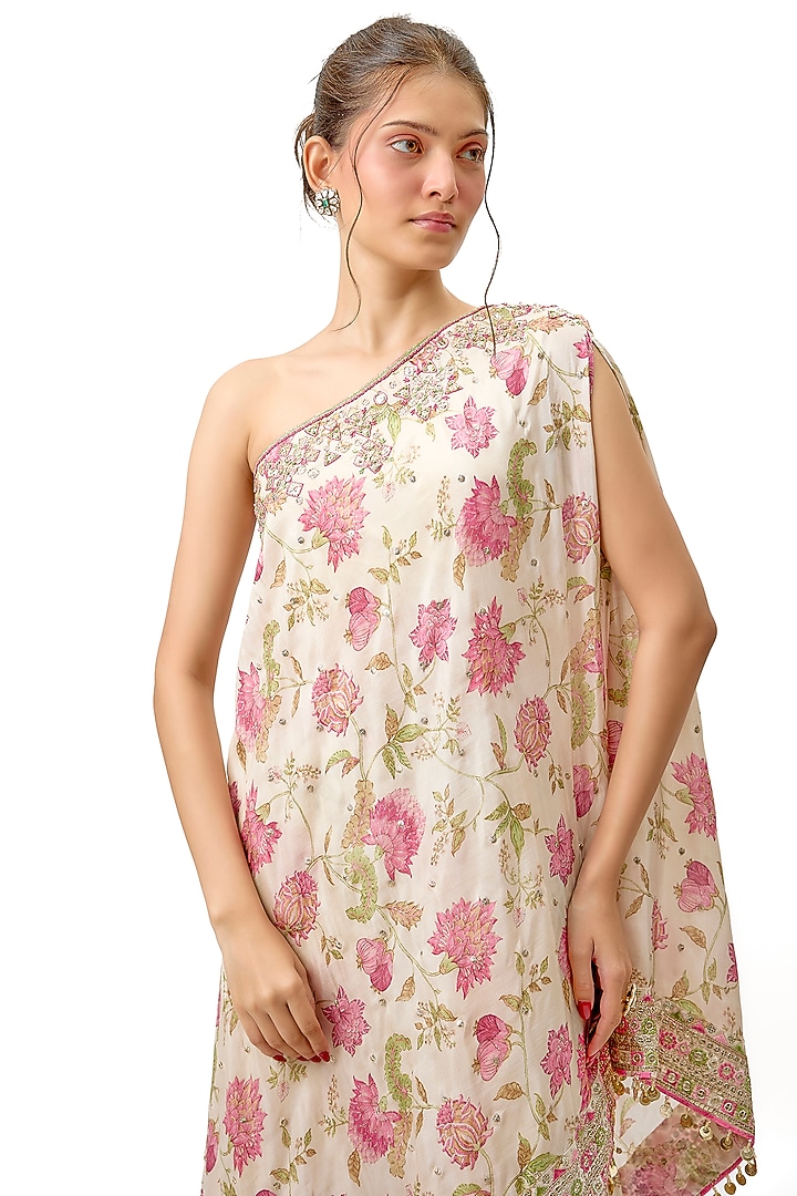Ivory Cotton Silk Floral Printed & Embroidered Wedding Sharara Set by Gopi Vaid at Pernia's Pop Up Shop