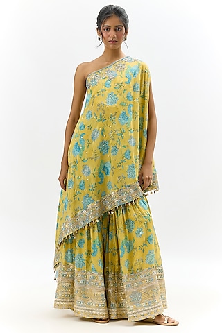 Yellow Cotton Silk Embroidered & Floral Printed Sharara Set by GOPI VAID