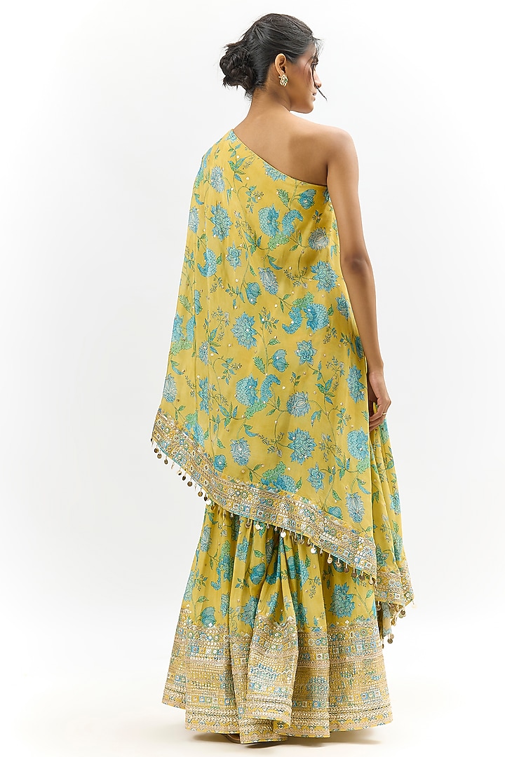 Yellow Cotton Silk Embroidered & Floral Printed Wedding Sharara Set by GOPI VAID at Pernia's Pop Up Shop