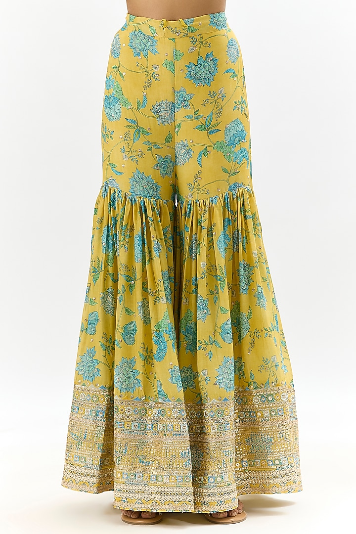 Yellow Cotton Silk Embroidered & Floral Printed Wedding Sharara Set by GOPI VAID at Pernia's Pop Up Shop