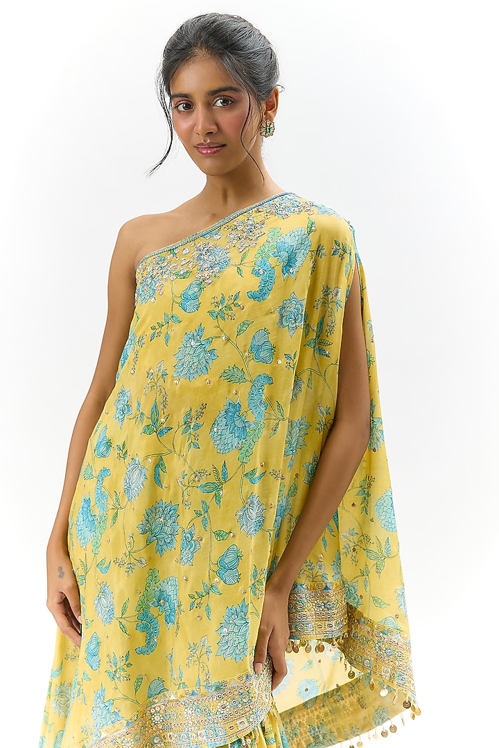 Yellow Cotton Silk Embroidered & Floral Printed Wedding Sharara Set by GOPI VAID at Pernia's Pop Up Shop