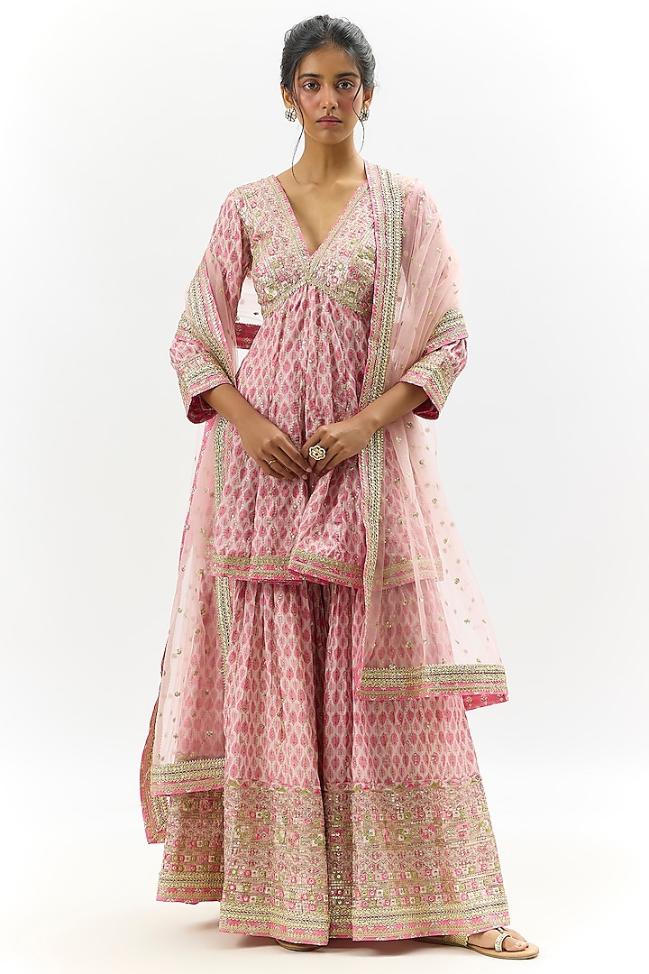 Pink Cotton Silk Embroidered Wedding Sharara Set by GOPI VAID at Pernia's Pop Up Shop