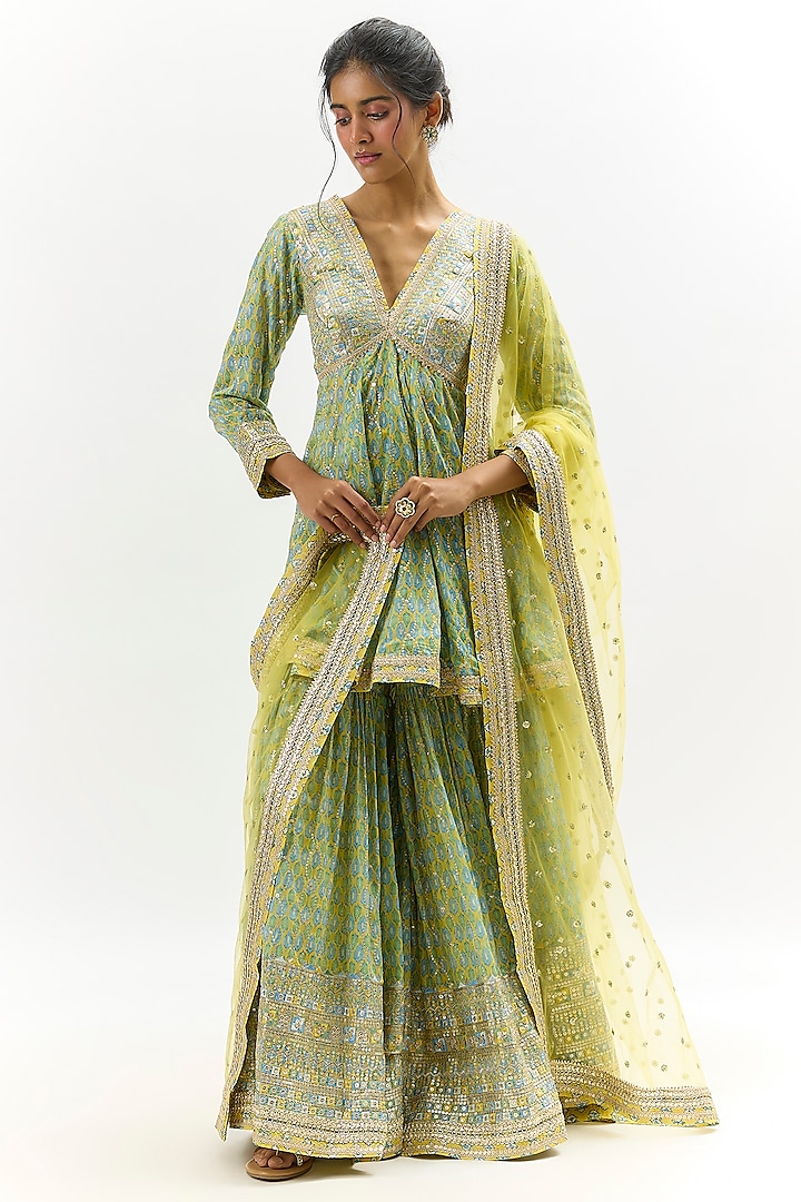 Yellow Cotton Silk Embroidered Wedding Sharara Set by GOPI VAID at Pernia's Pop Up Shop