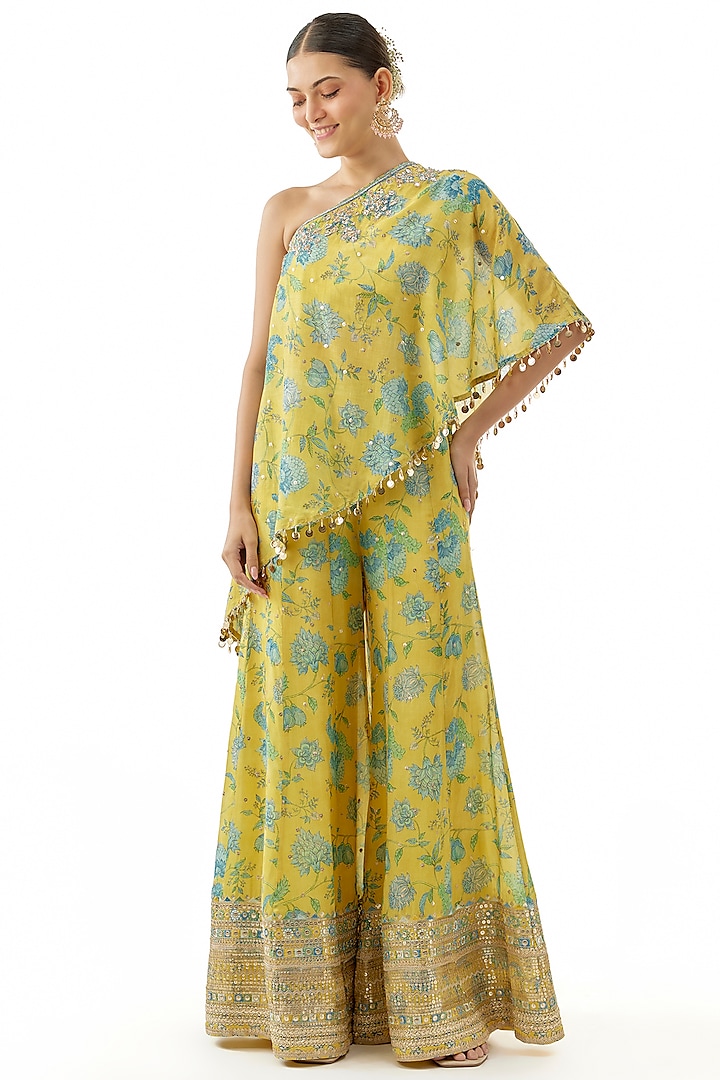 Yellow Cotton Silk Floral Printed Wedding Sharara Set by GOPI VAID at Pernia's Pop Up Shop