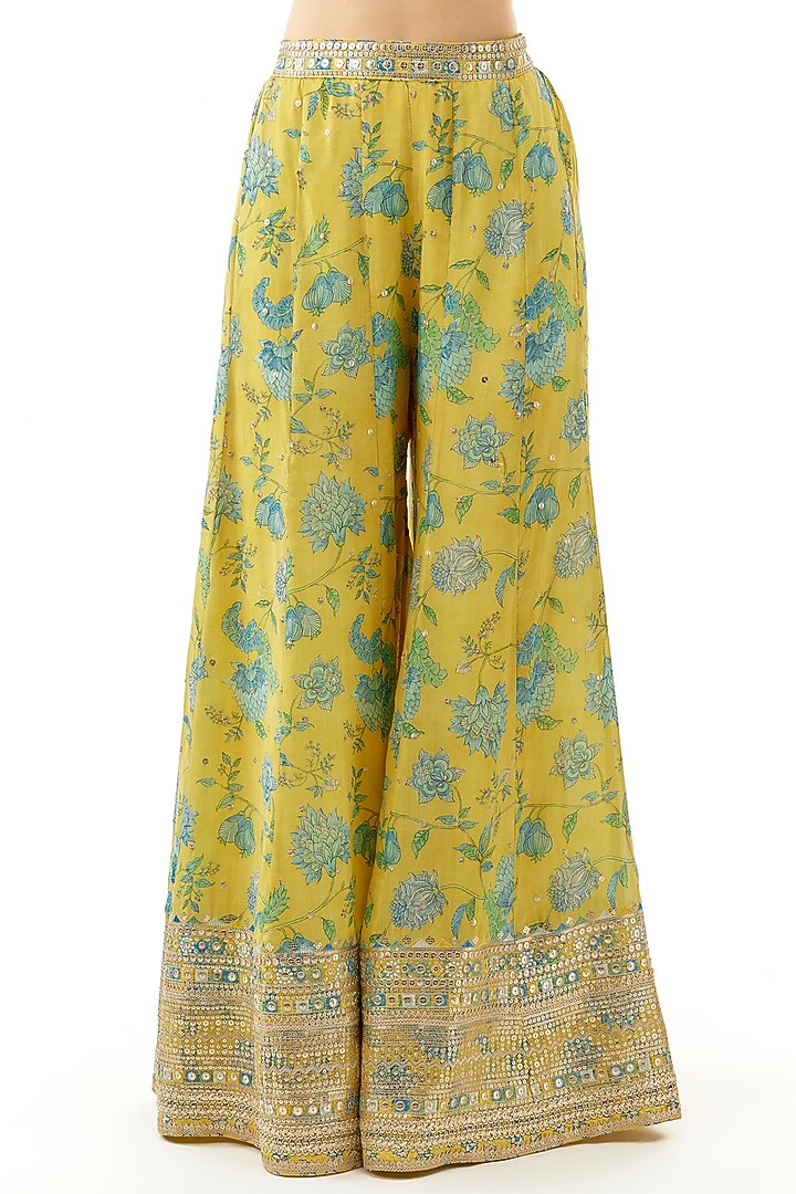 Yellow Cotton Silk Floral Printed Wedding Sharara Set by GOPI VAID at Pernia's Pop Up Shop