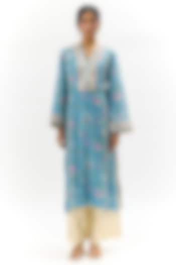 Blue Cotton Silk Floral Printed & Embroidered Kurta Set by GOPI VAID at Pernia's Pop Up Shop