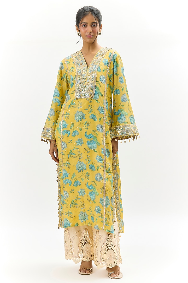 Yellow Cotton Silk Floral Printed & Embroidered Kurta by GOPI VAID at Pernia's Pop Up Shop