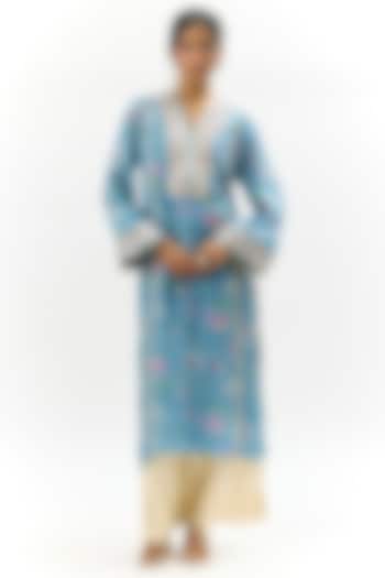 Blue Cotton Silk Floral Printed & Embroidered Kurta by GOPI VAID at Pernia's Pop Up Shop