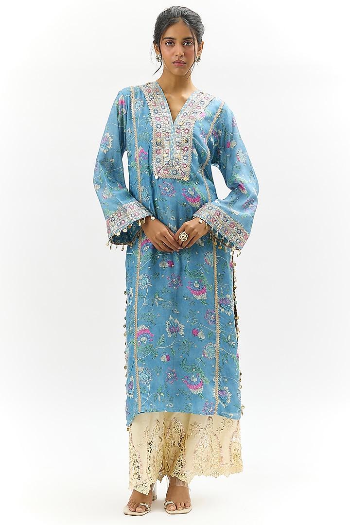 Blue Cotton Silk Floral Printed & Embroidered Kurta by GOPI VAID at Pernia's Pop Up Shop
