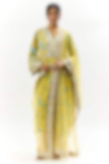 Yellow Cotton Silk Embroidered & Floral Printed Kurta Set by GOPI VAID at Pernia's Pop Up Shop