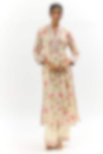 Ivory Cotton Silk Floral Printed & Embroidered Kurta Set by GOPI VAID at Pernia's Pop Up Shop