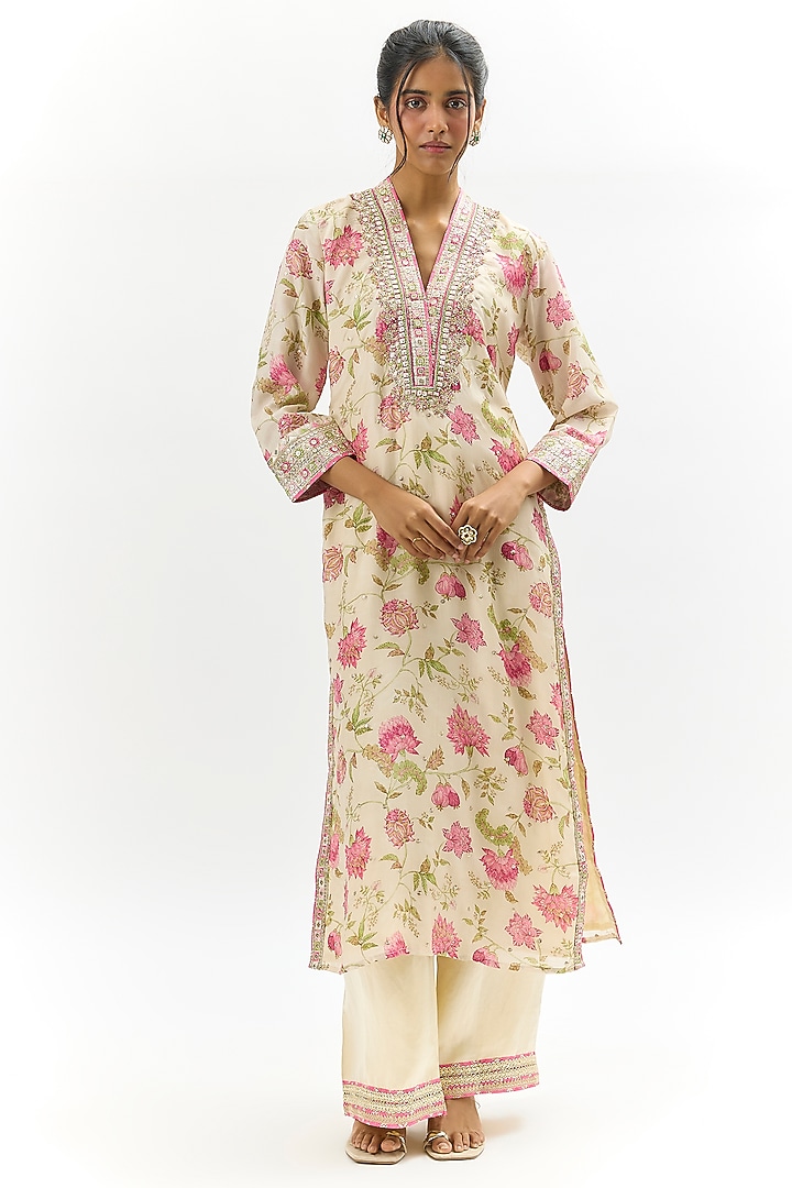 Ivory Cotton Silk Floral Printed & Embroidered Kurta Set by GOPI VAID at Pernia's Pop Up Shop
