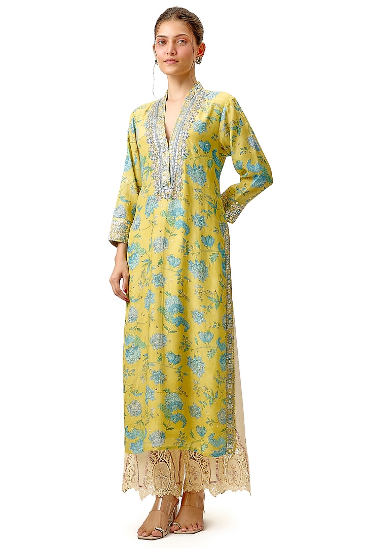 Yellow Cotton Silk Floral Printed & Embroidered Kurta by Gopi Vaid at Pernia's Pop Up Shop