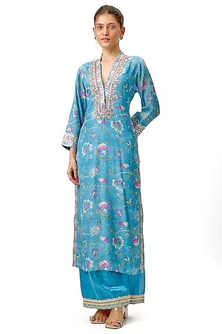 Blue Cotton Silk Floral Printed & Embroidered Kurta by Gopi Vaid