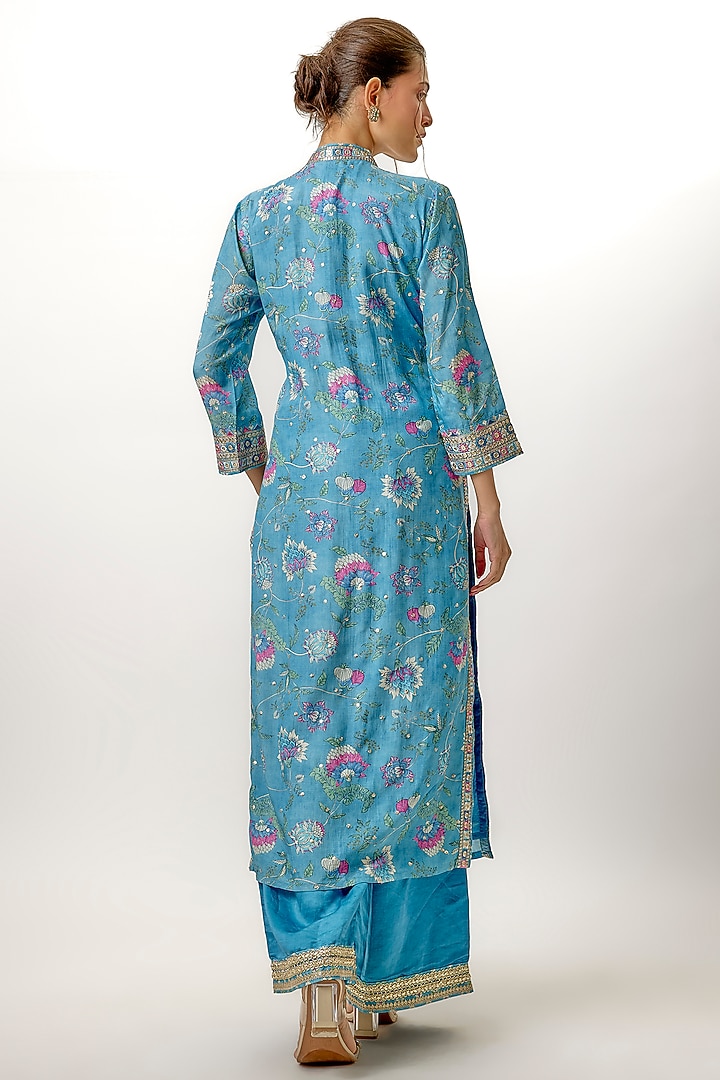 Blue Cotton Silk Floral Printed & Embroidered Kurta by Gopi Vaid at Pernia's Pop Up Shop