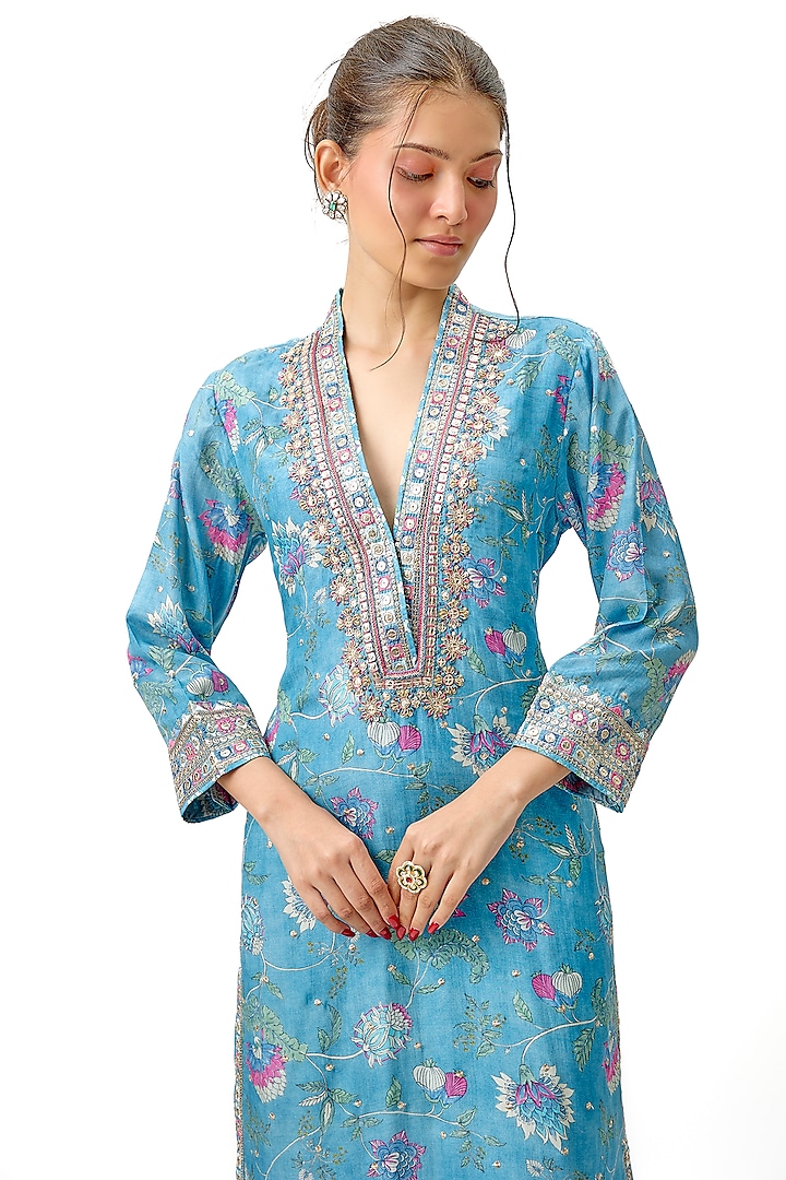 Blue Cotton Silk Floral Printed & Embroidered Kurta by Gopi Vaid at Pernia's Pop Up Shop