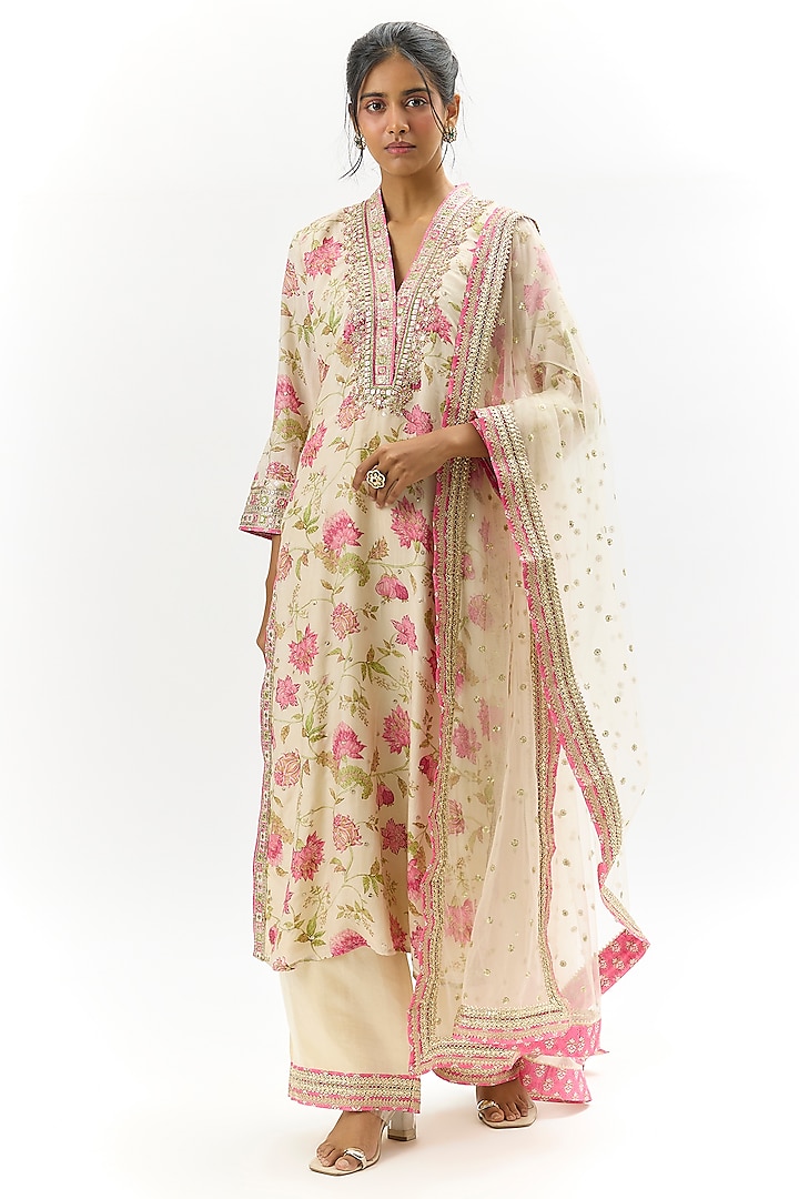 Ivory Cotton Silk Floral Printed & Embroidered Kurta Set by GOPI VAID at Pernia's Pop Up Shop