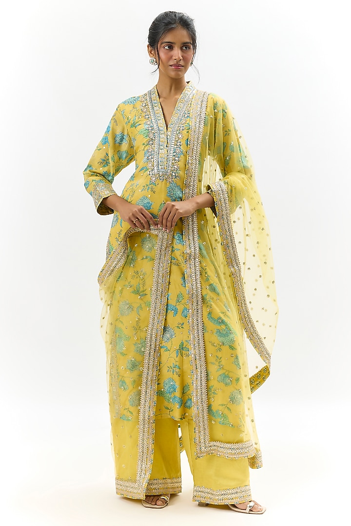 Yellow Cotton Silk Floral Printed & Embroidered Kurta Set by GOPI VAID at Pernia's Pop Up Shop