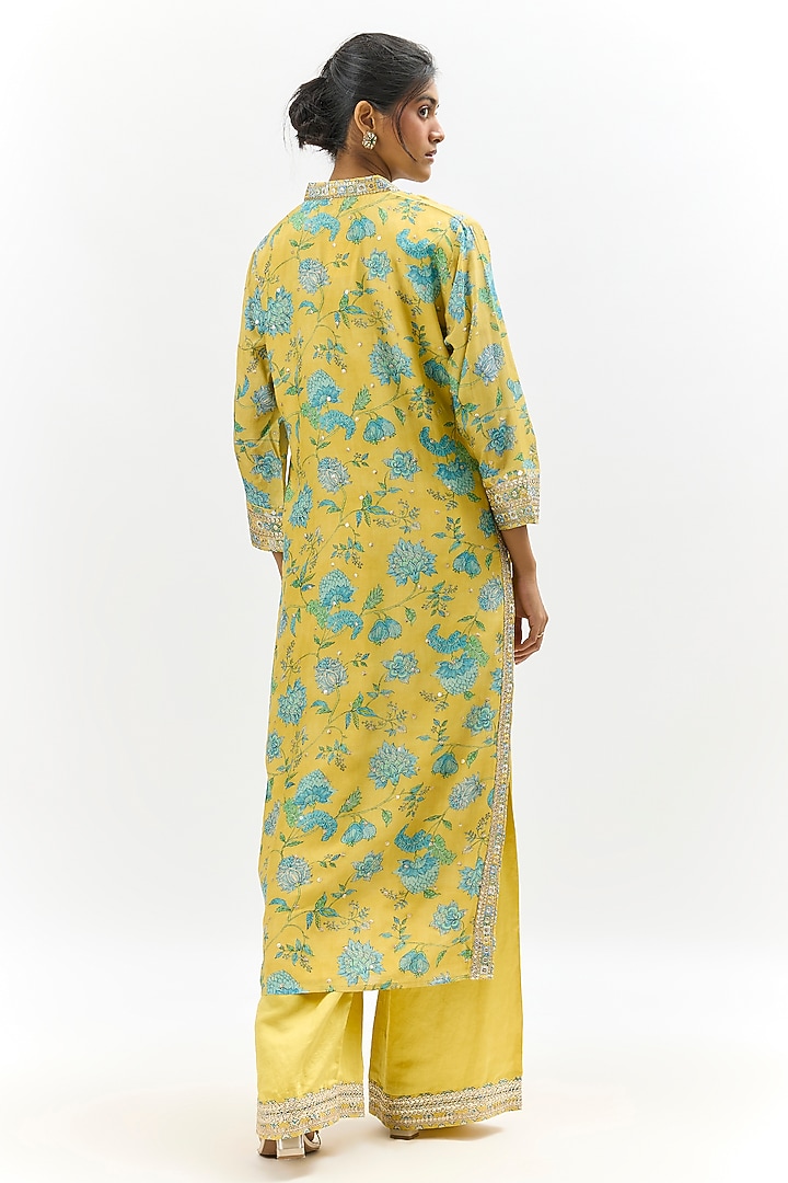 Yellow Cotton Silk Floral Printed & Embroidered Kurta Set by GOPI VAID at Pernia's Pop Up Shop