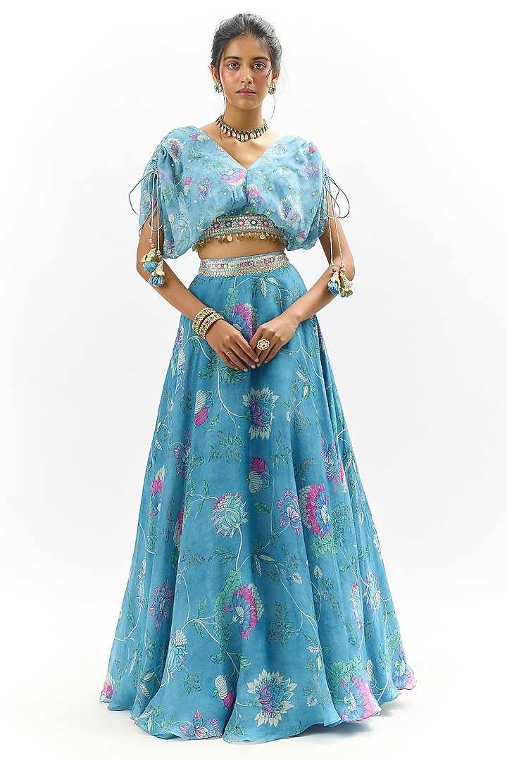 Blue Organza Embellished Wedding Lehenga Set by GOPI VAID at Pernia's Pop Up Shop