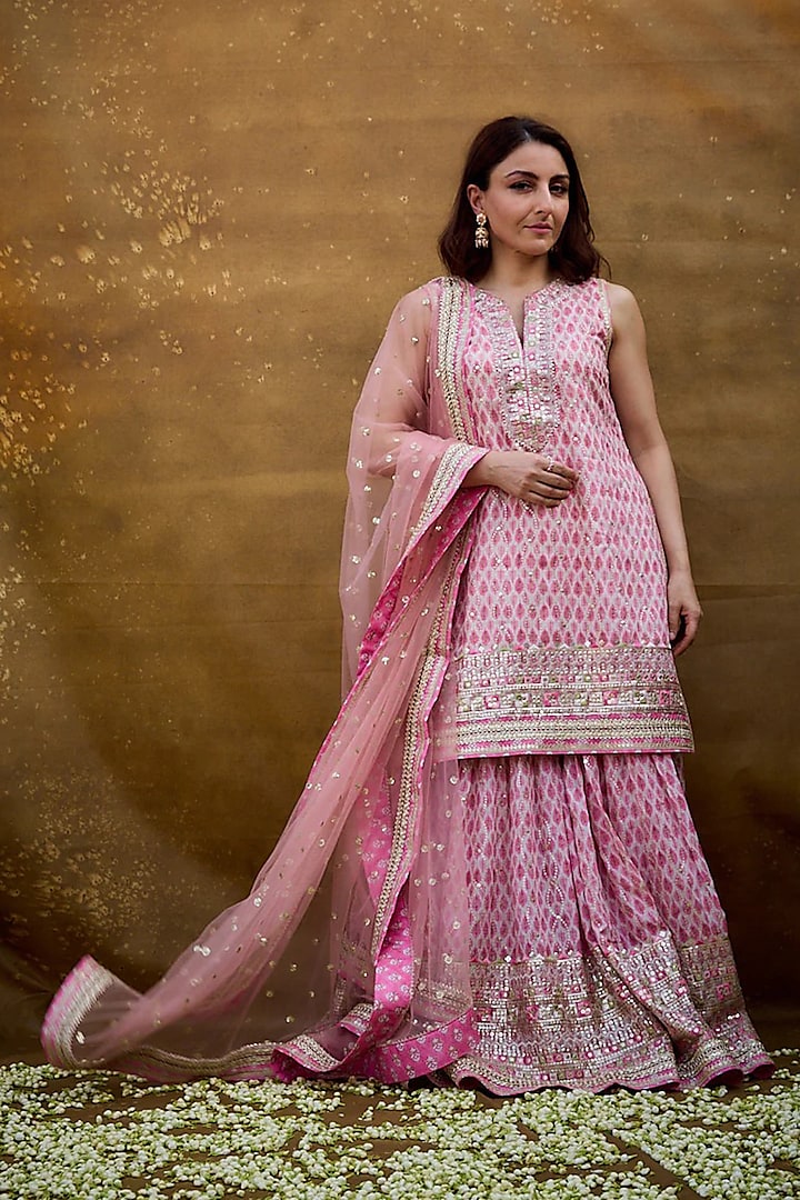 Pink Georgette Printed & Embroidered Wedding Sharara Set by GOPI VAID at Pernia's Pop Up Shop