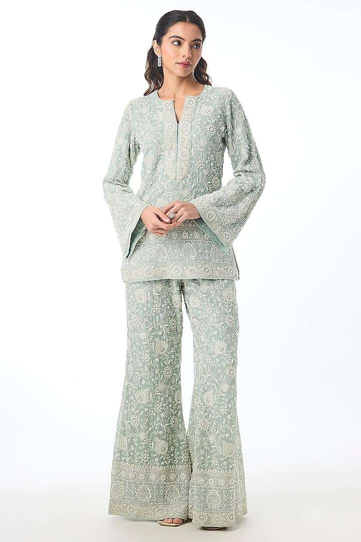 Green Georgette Bead Embellished Kurta Set by GOPI VAID at Pernia's Pop Up Shop