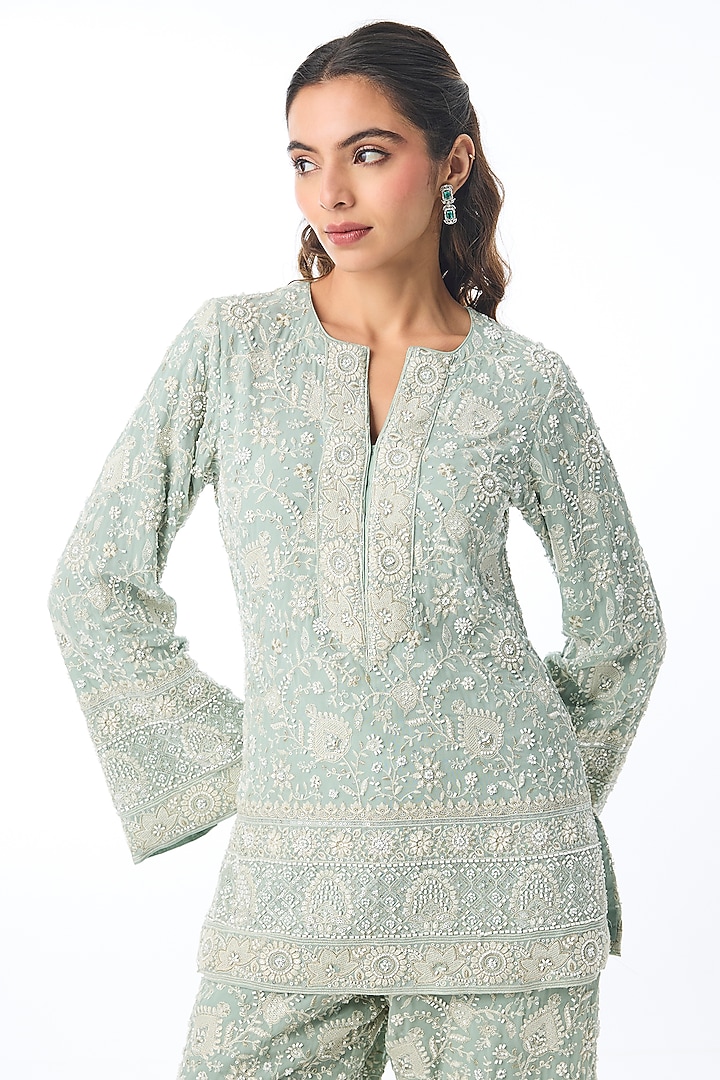 Blue Georgette Bead Embellished Kurta Set by GOPI VAID at Pernia's Pop Up Shop